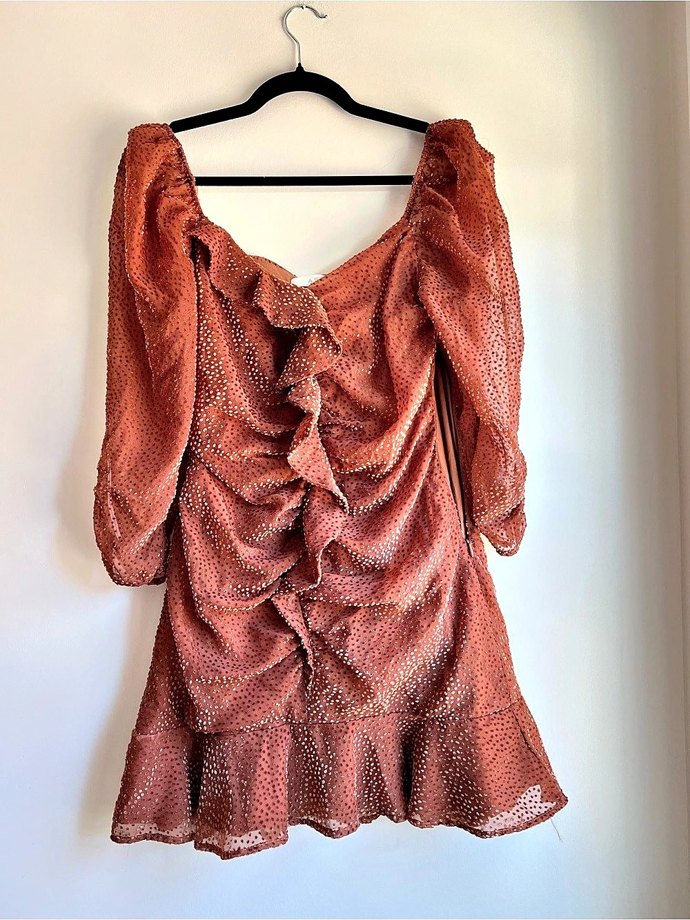 ASTR the Label Polka Dot Ruffle Mini Dress in Brown Size Large Like New